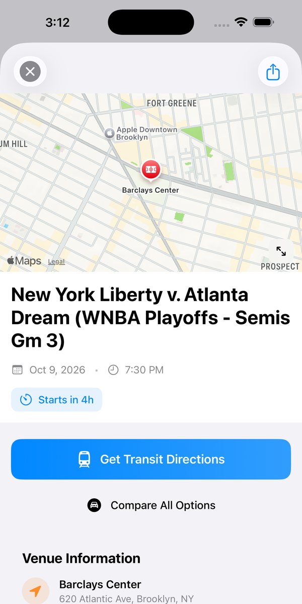 Commuteur event page for a game at Barclays Center with Get Transit Directions and Compare All Options