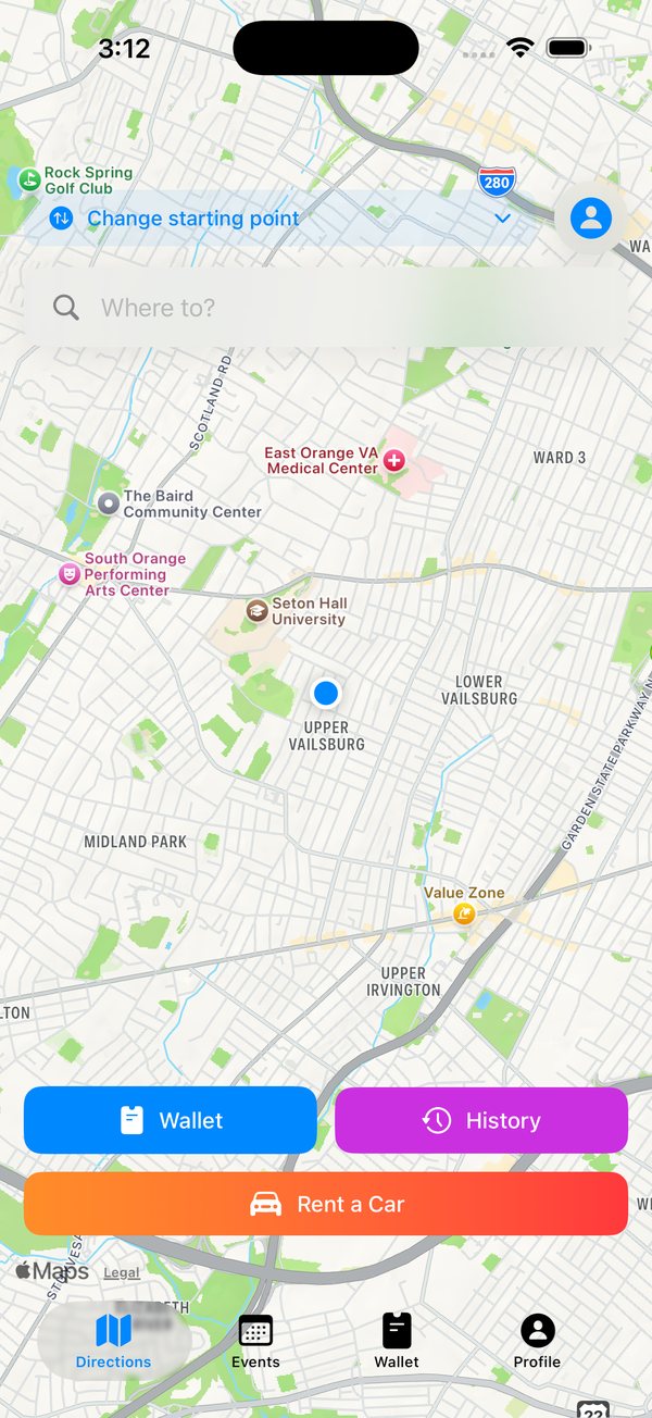 Commuteur Directions tab: Change starting point, Where to? search, and Wallet, History and Rent a Car buttons