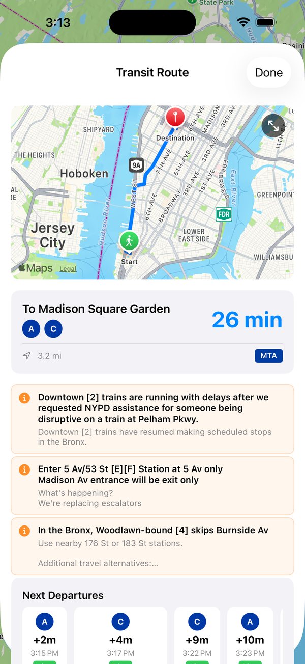 Commuteur transit route to Madison Square Garden on the A and C trains, 26 minutes, with service alerts