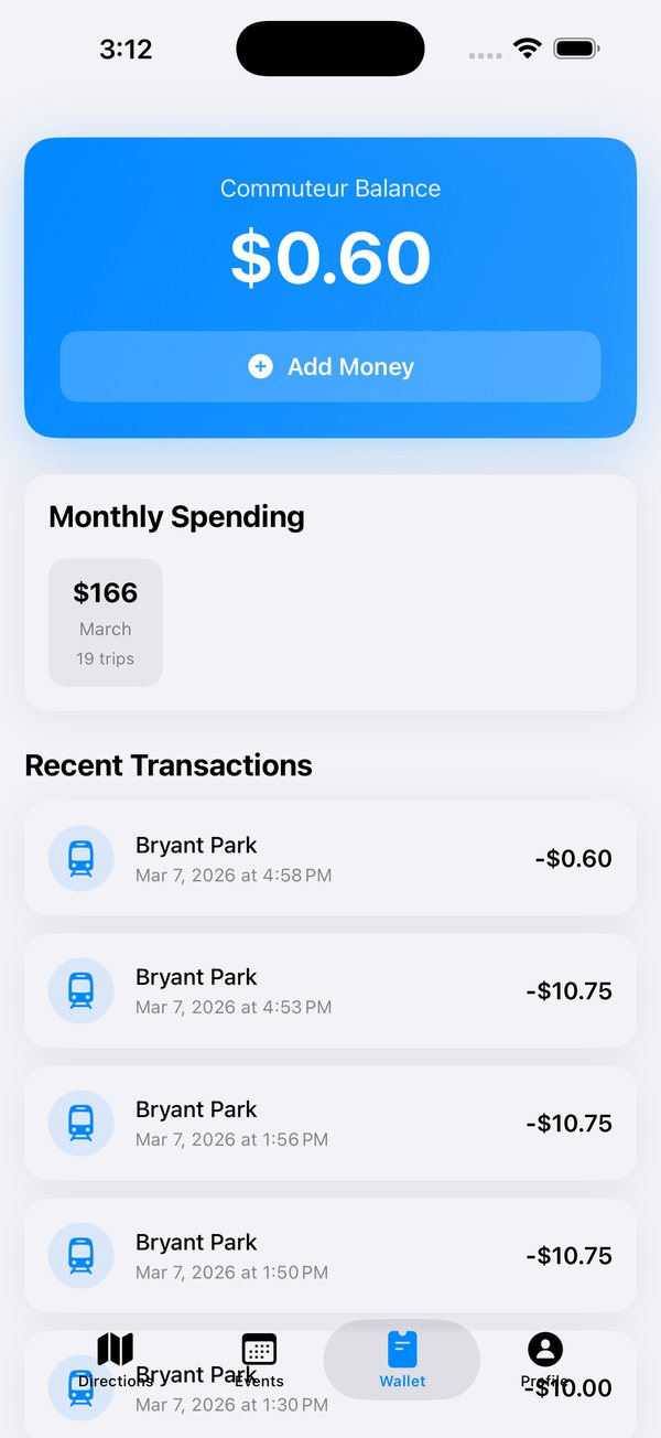 Commuteur Wallet tab with Commuteur Balance, Add Money, Monthly Spending and Recent Transactions